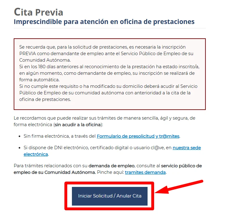 Botón de Iniciar Solicitud para Cita en el SEPE