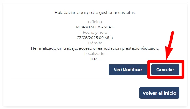 Botón para cancelar cita SEPE