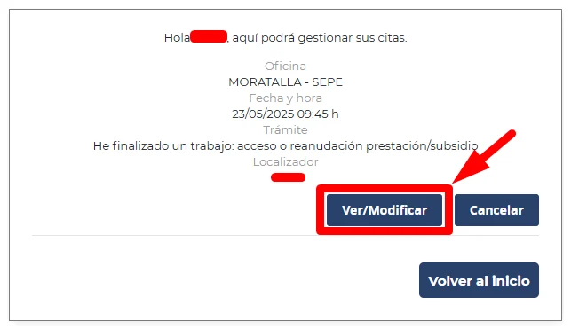 Botón para modificar cita SEPE