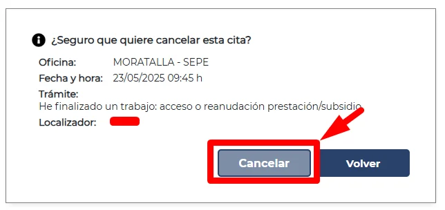 Cancelar cita en el SEPE - Confirmación