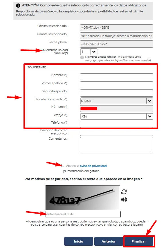 Información del solicitante SEPE