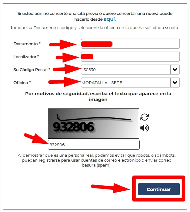 Introduce datos para cancelación de cita SEPE