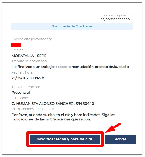 Modificar hora y fecha de la cita SEPE